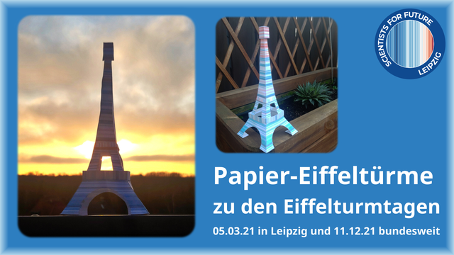 Zwei Fotos von gebastelten Papier-Eiffeltürmen. Diese sind in den Klimastreifen eingefärbt.