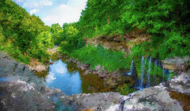 Balls Falls in Ontario cascades into the river below, flowing through a lush green forest in Ontario on a beautiful sunny day, with an oil painting effect.