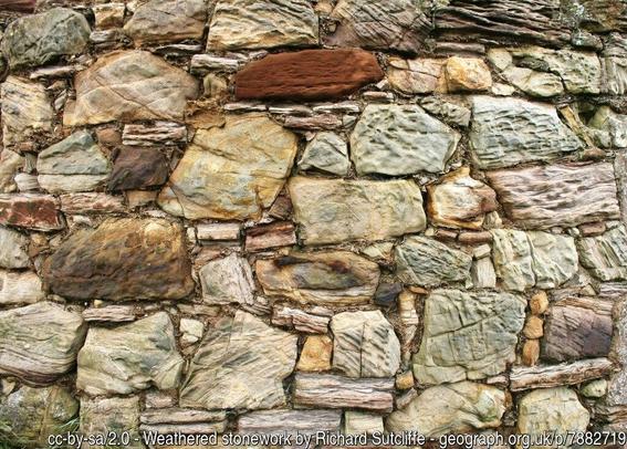 Closeup photo of a corded stone wall in several hues of grey