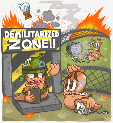 A worm, holding a Dreamcast controller, looking worried at the entrance of a Demilitarized Zone, where another worm wearing a helmet and holding a clipboard is asking for his papers.

The DMZ area is surrounded by barbed wire. Within the DMZ is a pair of Worms playing Worms World Party on a Dreamcast console.

Outside of the DMZ in the distance is fire, explosions, smoke and a crate floating down via a parachute.