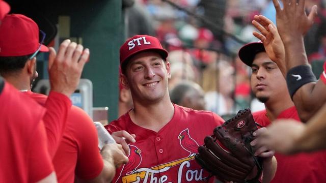 St. Louis Cardinals starting pitcher Andre Pallante smiles in the dugout after being removed during the seventh inning of a baseball game against the Cincinnati Reds Friday, June 20, 2025, in St. Louis.