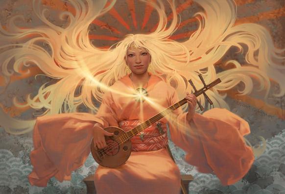 An interpretation of the Japanese sun goddess Amaterasu, sitting and playing an ancient lute. She has long bright yellow hair that radiates out from her like sun rays. An amulet or mirror around her neck radiates even more rays.