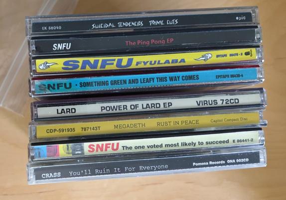 CDS IN A ROW:

SUICIDAL TENDENCIES - PRIME CUTS
SNFU - THE PING PONG EP
SNFU - FYULABA
SNFU - SOMETHING GREEN AND LEAFY THIS WAY COMES
LARD - POWER OF LARD EP (virus 72cd)
MEGADETH - RUST IN PEACE
SNFU - THE ONE VOTED MOST LIKELY TO SUCCEED
CRASS - YOU'LL RUIN IT FOR EVERYONE