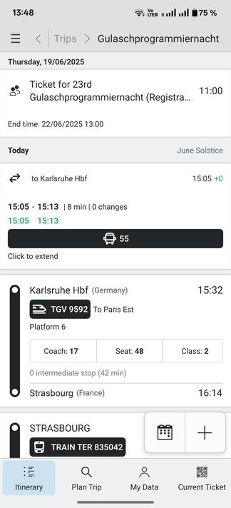 Screenshot of Itinerary showing an entry for the GPN23 and some train tickets