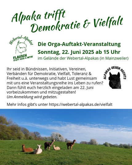 Unser Veranstaltungshinweis auf unsere Alpaka trifft Demokratie und Vielfalt Veranstaltung morgen Nachmittag um 15 Uhr bei den Alpakas im Gehege.