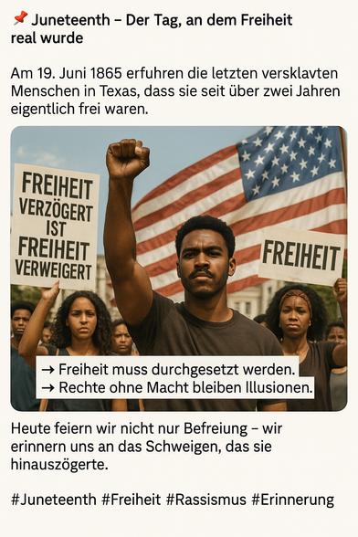 Juneteenth - Der Tag, an dem Freiheit
real wurde
Am 19. Juni 1865 erfuhren die letzten versklavten Menschen in Texas, dass sie seit über zwei Jahren eigentlich frei waren.
FREIHEIT VERZÖGERT IST
FREIHEIT VERWEIGERT
FREIHEIT
→ Freiheit muss durchgesetzt werden.
→ Rechte ohne Macht bleiben Illusionen.
Heute feiern wir nicht nur Befreiung - wir erinnern uns an das Schweigen, das sie hinauszögerte.
#Juneteenth #Freiheit #Rassismus #Erinnerung🖖