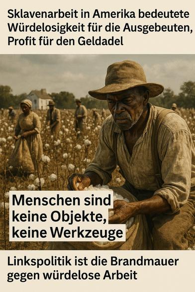 Ein fotorealistisches Bild zeigt afroamerikanische Sklaven bei der harten Feldarbeit auf einer Baumwollplantage im 19. Jahrhundert. Im Zentrum kniet ein erschöpft wirkender Mann mit wettergegerbtem Gesicht, der Baumwolle in einen groben Jutesack stopft. Seine Kleidung ist verschlissen, sein Blick ernst und voller Entschlossenheit. Im Hintergrund arbeiten weitere Männer und Frauen unter sengender Sonne, begleitet von einem großen weißen Haus, das wohl der Plantagenbesitzer bewohnte.
Der Bildtext verurteilt unmissverständlich die Entmenschlichung durch Sklaverei und stellt die These auf, dass linke Politik eine Brandmauer gegen würdelose Ausbeutung bildet.

⸻

📷 Image Description (English):

A photorealistic image depicts African American slaves laboring on a 19th-century cotton plantation. At the center, a weary man with weathered features crouches, stuffing cotton into a coarse burlap sack. His clothes are tattered, and his face carries a serious, resolute expression. In the background, other men and women toil under the scorching sun, with a large white house looming in the distance – likely the plantation owner’s home.
The text on the image strongly condemns the dehumanization of slavery and asserts that leftist politics form the last barrier against dignity-stripping exploitation.
🖖
