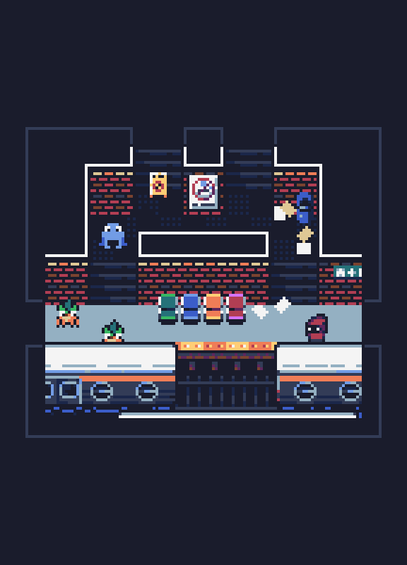 top-down pixel art scene of three creatures reacting with surprise to the player stumbling upon them on a subway station platform