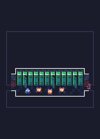 top-down pixel art scene of four small monsters confront the player in a subway station maintenance corridor lined with lockers