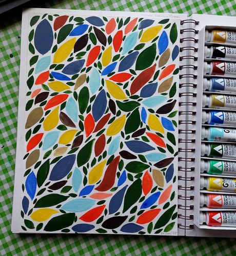 Painted leaves in (ash) blue, (ash) yellow, green, coral red, sepia, Gouache.