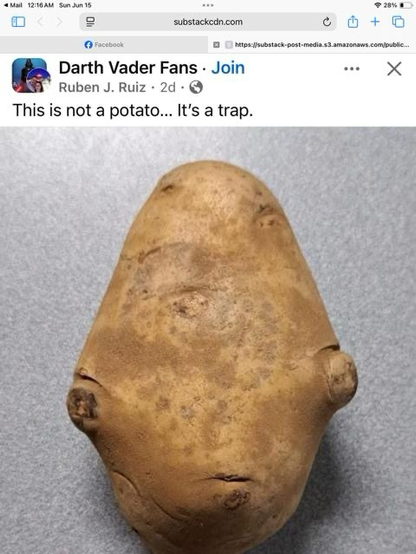 (A potato that looks like a character from Star Wars)  Darth Vader Fans • Join Ruben J. Ruiz • 2d • © This is not a potato... It's a trap.