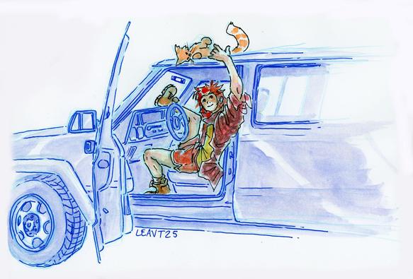 a watercolor drawing of a young red haired person (Jasper) sitting at the wheel of a 1988 jeep cherokee with the driver's door open. They've got a relaxed and nonchalant air with one leg over the dash board and reaching up to the roof where an orange cat is resting.