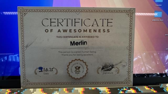 A certificate titled "Certificate of Awesomeness" awarded to "Merlin." It includes a positive message about the recipient being a great human being and thanks them for being excellent. The certificate features decorative elements and a signature at the bottom.