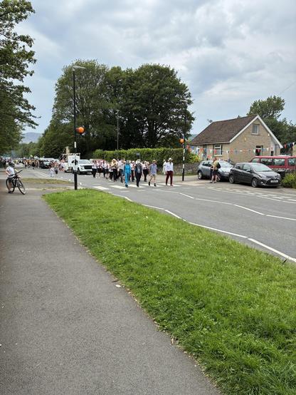 A crowd of people is walking along a road lined with trees. Some participants are dressed in colorful outfits, and there are vehicles parked nearby. In the background, a house is visible, along with banners and decorations. The sky is partly cloudy.