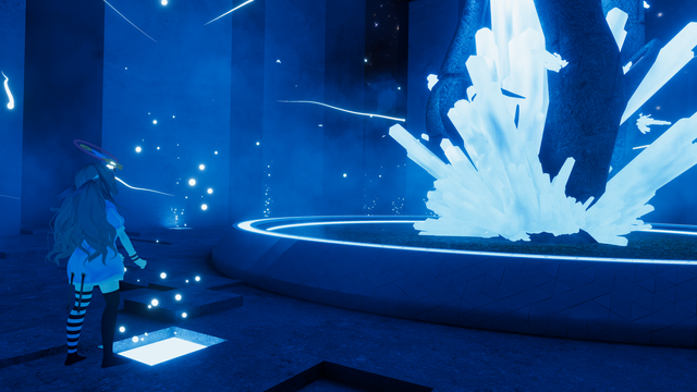 View of a tree with crystals embedded into it. An avatar is looking at it.