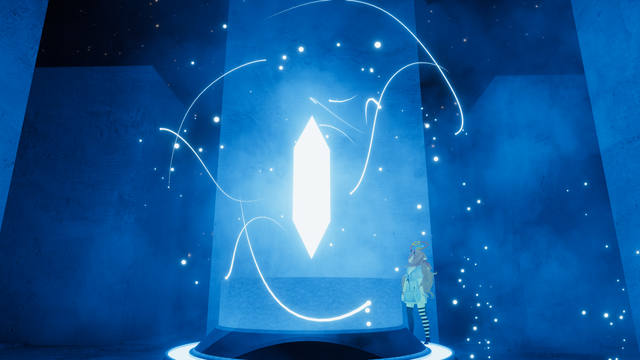 A big crystal is floating in the middle of the picture. An avatar is on the right, looking up to it.