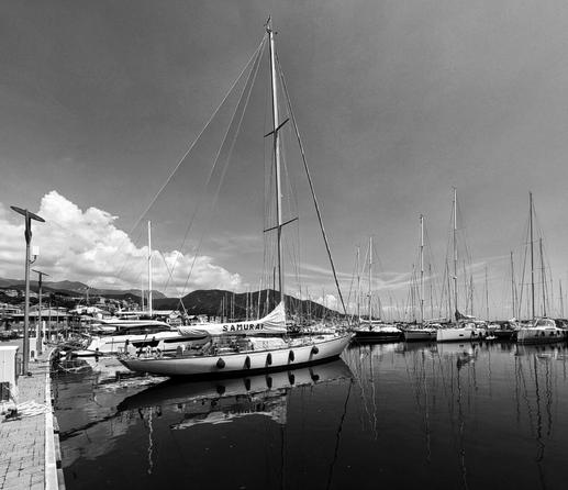 A monochrome shot of a marina filled with numerous sailboats and yachts. In the foreground, a large sailboat named "SAMURAI" is moored on the left, its tall mast reflected in the still, dark water. A light-coloured walkway with a lamp post runs along the left edge of the frame. In the background, rolling hills or mountains are visible under a partly cloudy sky, with some white cumulus clouds.