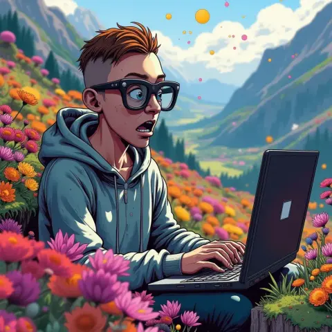Non-binary tech-nerd with shaved brown hair, large black glasses, and grey hoodie, stares with disbelief and shock onto the screen of a black labtop. Setting is amidst the Austrian Alps with blooming shrubs and vibrant, exotic, colorful flowers all around.
AI generated Image with Deep-Histories Image Gen by Hidéo Snes