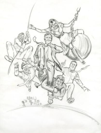 Hand drawn pencil drawing of active composition of a man running, someone on a wrecking ball, someone at the running mans feet doing a tackle, a man swinging on a rope
