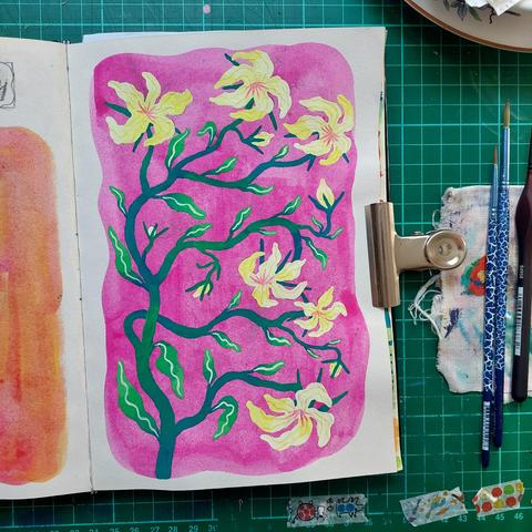 Sketchbook painting of a plant with multiple open flowers and buds. The background is of a very bright saturated pink, the branches are green-blue and the flowers are yellow-white. The whole plant looks wavy as is the style of the artist.