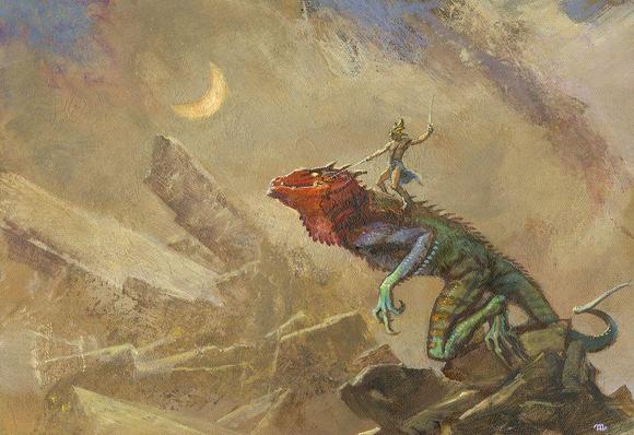 Work-in-progress photo of LEAPIN' LIZARD. The lizard and rider are more roughly rendered. The right forelimb of the creature is not yet present. The background is roughly sketched but not yet complete in the composition of rocks that frame the action. The sky has a streak of blue that isn't present in the final painting.