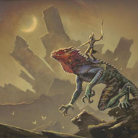 Detail from LEAPIN' LIZARD featuring a warrior in winged helm and flowing loin cloth standing on the back of a giant lizard poised to leap.