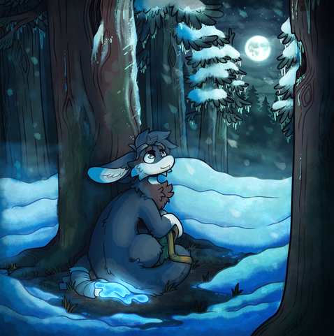 A blue, noodle-shaped critter sits huddled underneath a large tree, surrounded by a snowy landscape and pine trees. They appear at ease in spite of the cold.