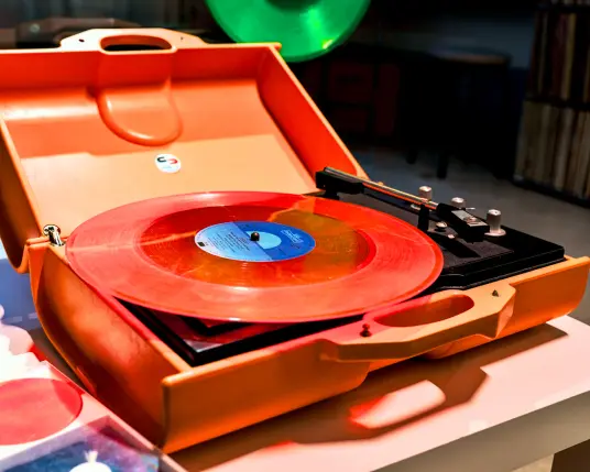 Ein tragbarer Plattenspieler in einem Koffer steht aufgeklappt auf einem kleinen Tisch. Der Koffer ist komplett orange. Der Plattenspieler selbst ist schwarz, aber die Schallplatte, die auf dem Drehteller liegt, ist ebenfalls orange. 
.
A portable record player in a case stands propped up on a small table. The case is completely orange. The record player itself is black, but the record on the turntable is also orange. 
.
