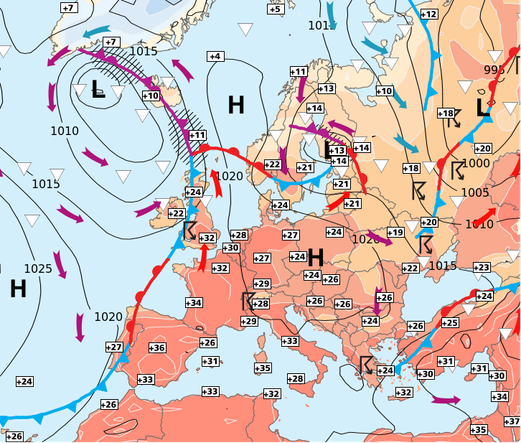Analyse synoptique de la sitation météo en Europe ce jour.