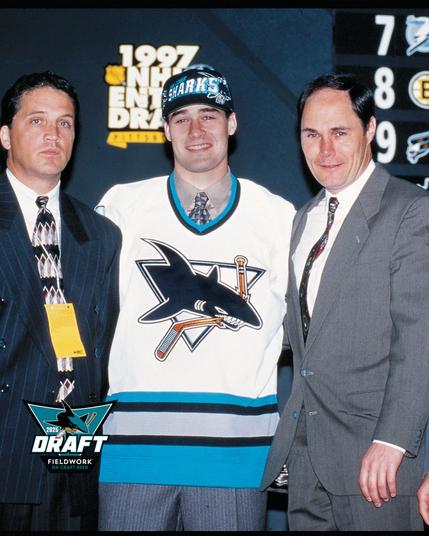 Patrick Marleau smiles with Sharks staff after being drafted in 1997.