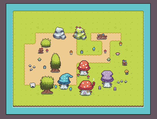 A pixel art scene with mushrooms, trees, rocks, etc, on an island of grass, now with some path tiles on it.