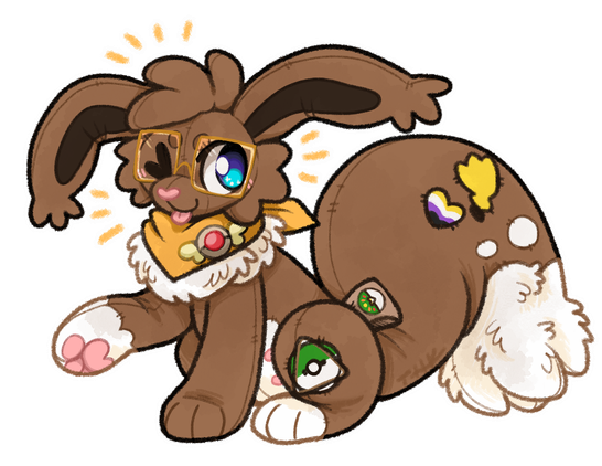 A plushie eevee with several patches sewn on its body winks at the viewer.