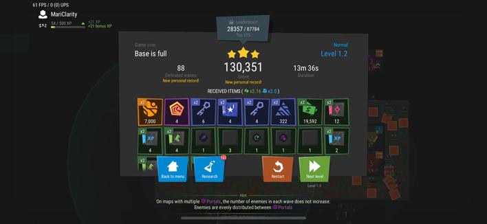 Play result in Infinitode 2, on Level 1.2. 
88 waves cleared, 130,351 points, 13 minutes and 36 seconds duration, and 3 stars. 

Out of the loot collected, of note is 7,000 tensors (the orange spherical items).