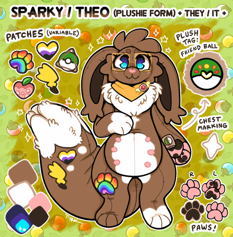 A character reference for Sparky/Theo, a plushie eevee that uses they/it pronouns. They're brown with white patches across their body, as well as a few pride-themed patches sewn on in spots.
