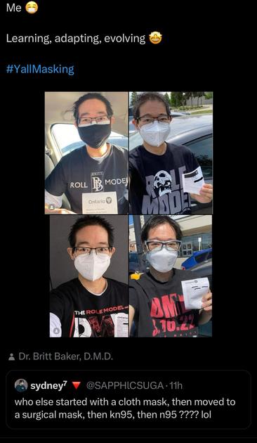 In the centre is 4 pics of me wearing different kinds of masks. Pic 1 is a cloth mask. Pic 2 and 3 are KN95 masks (CAN95 earloop). Pic 4 is a CAN99 mask. I’m holding up a vaccine receipt in each pic. The text from a Twitter post reads: 

Learning, adapting, evolving
#YallMasking
sydney?
@SAPPHICSUGA - 11h
who else started with a cloth mask, then moved to a surgical mask, then kn95, then n95 ???? lol