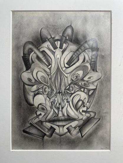 Symmetrical pencil drawing of a surreal head or face that is a representation of looking in the mirror on acid/lsd. The usual human formations have morphed into organic shapes all seemingly flowing and transforming into and from one another.