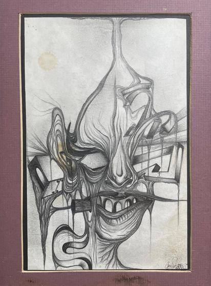 Asymmetrical pencil drawing of a surreal head or face that is a representation of looking in the mirror on acid/lsd. The head looks as if it is skinless or even melting with one side exploding outwards.