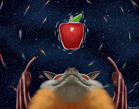 A portrait of a grey headed flying fox looking upwards with a smile on their face. their arms raised up reaching for a floating apple above them. The background is a deep starry sky with many rainbow prisms flying around the apple. The apple has a white outline emanating outwards around it.