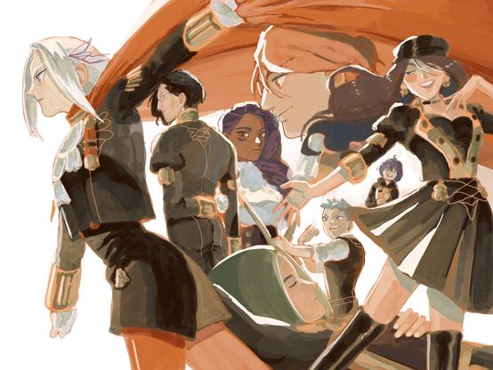 digital illustration of the black eagles characters from fire emblem three houses pre timeskip. On the left is edelgard, holding onto her cape. Below the cape are the rest of the class, Hubert, Ferdinand, Petra, Dorothea, Linhardt, Caspar and Bernadetta.