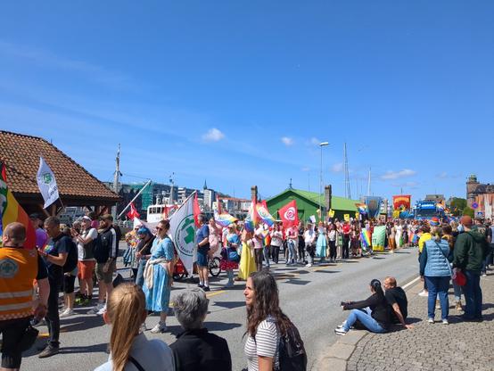 The image shows a large crowd of people participating in a Pride parade. The scene is vibrant and filled with colorful flags and banners. The event is taking place in Bergen, Norway, with various buildings and boats visible in the background. The people appear to be of various ages, and the atmosphere is celebratory.