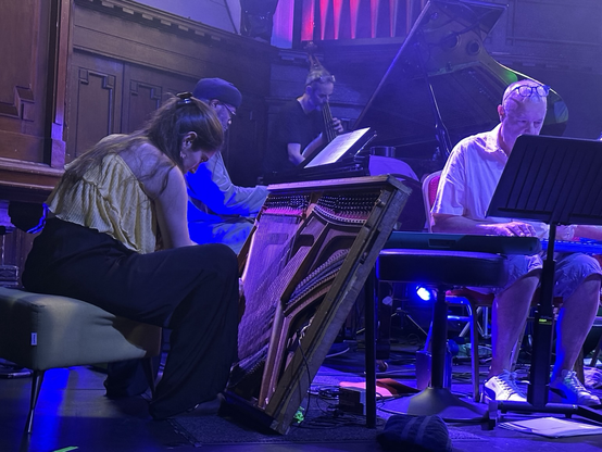 Pat Thomas on piano with members of the Glasgow Improvisers Orchestra on an array of instruments (piano harp, double bass, melodica) on the stage of St Luke’s in the east end of Glasgow. The stage is bathed in blue-ish light and in the background are the pipes of a large church organ.