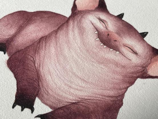 small chubby creature painting, a dark burgundy with a pale pink tummy. It has tiny black horns and a very relaxed smile with closed eyes.