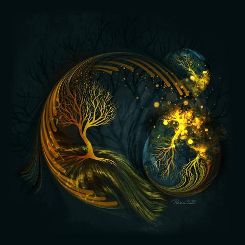 watercolour; a dark background with a circular fractal curve in orange surrounding a tree with bare branches, it's ground is being pulled upward on the left and pours down on the right, bubbles of partial reflections sit on the right, a shadow silhouette of the tree can be seen in the background.