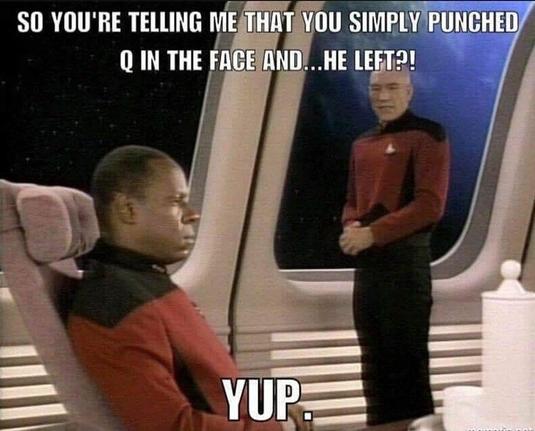 Picard and Sisko together. 

Picard: so you’re telling me that you simply punched Q in the face and…he left?!

Sisko: Yup.