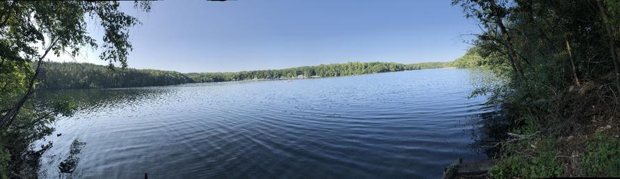 Blick über den See, mit viel blauem Wasser und Ufer/Strand/Bäume im Hintergrund.
