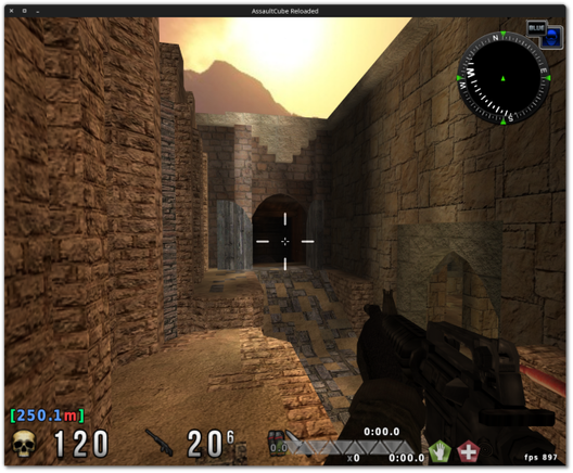 🕶️ An FPS view (v.2.18.3, on my Linux PC) where the protagonist (me) is in a fortified square, outdoors (alone so I can take the screenshot without being disturbed ;)

📚️ AssaultCube Reloaded is a fork of AssaultCube, a libre, multi-platform, multiplayer-oriented FPS (low-latency, LAN/online, although single-player is also available) featuring fast-paced, arcade-style gameplay with a focus on team play, themed around the struggle between terrorists and special forces. It is also very light, and improves the specifications of the original with, in particular, a better prevent against cheating (its initial objective), improved realism (graphics, damage decreasing with distance, ricochet shots, ...), new weapons, new game modes and mutators, radar and chat enhancements. An extremely complete FPS with a large amount of quality content.