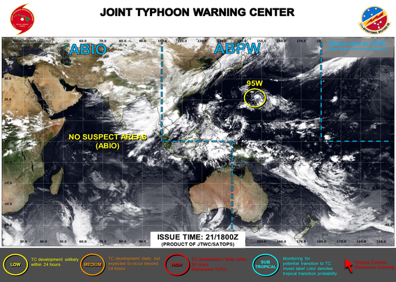 ABPW10 PGTW 210600 COR
MSGID/GENADMIN/JOINT TYPHOON WRNCEN PEARL HARBOR HI//
SUBJ/SIGNIFICANT TROPICAL WEATHER ADVISORY FOR THE WESTERN AND SOUTH 
PACIFIC OCEANS/210600Z-220600ZJUN2025 CORRECTED//
RMKS/
1. WESTERN NORTH PACIFIC AREA (180 TO MALAY PENINSULA):
   A. TROPICAL CYCLONE SUMMARY: NONE.
   B. TROPICAL DISTURBANCE SUMMARY:
      (1) AN AREA OF CONVECTION (INVEST 95W) HAS PERSISTED NEAR 21.8N 
145.9E, APPROXIMATELY 498 NM NORTH-NORTHEAST OF GUAM. ANIMATED 
MULTISPECTRAL SATELLITE IMAGERY AND A 210230Z GMI 37GHZ MICROWAVE IMAGE 
DEPICT FLARING CONVECTION OVER A CONSOLIDATING LOW LEVEL CIRCULATION 
CENTER (LLCC). FURTHERMORE, A 210012Z ASCAT-C IMAGE EMPHASIZES A BROAD 
CIRCULATION WITHIN THE AREA. ANALYSIS INDICATES 95W IS CURRENTLY IN A 
MARGINALLY FAVORABLE ENVIRONMENT FOR DEVELOPMENT WITH LOW (10-15 KNOT) 
VERTICAL WIND SHEAR, WEAK DIVERGENCE ALOFT AND WARM (29-30C) SEA SURFACE 
TEMPERATURES. A TROPICAL UPPER TROPOSPHERIC TROUGH (TUTT) CELL OVER THE 
WESTERN PORTION OF THE SYSTEM IS CURRENTLY DEGRADING THE UPPER-LEVEL 
ENVIRONMENT. GLOBAL MODELS ARE IN FAIR AGREEMENT THAT 95W WILL TRACK 
NORTHWESTWARD AND DEVELOP OVER THE NEXT COUPLE DAYS AS THE SYSTEM MOVES 
INTO A MORE FAVORABLE UPPER-LEVEL ENVIRONMENT. MAXIMUM SUSTAINED SURFACE 
WINDS ARE ESTIMATED AT 13 TO 18 KNOTS. MINIMUM SEA LEVEL PRESSURE IS 
ESTIMATED TO BE NEAR 1008 MB. THE POTENTIAL FOR