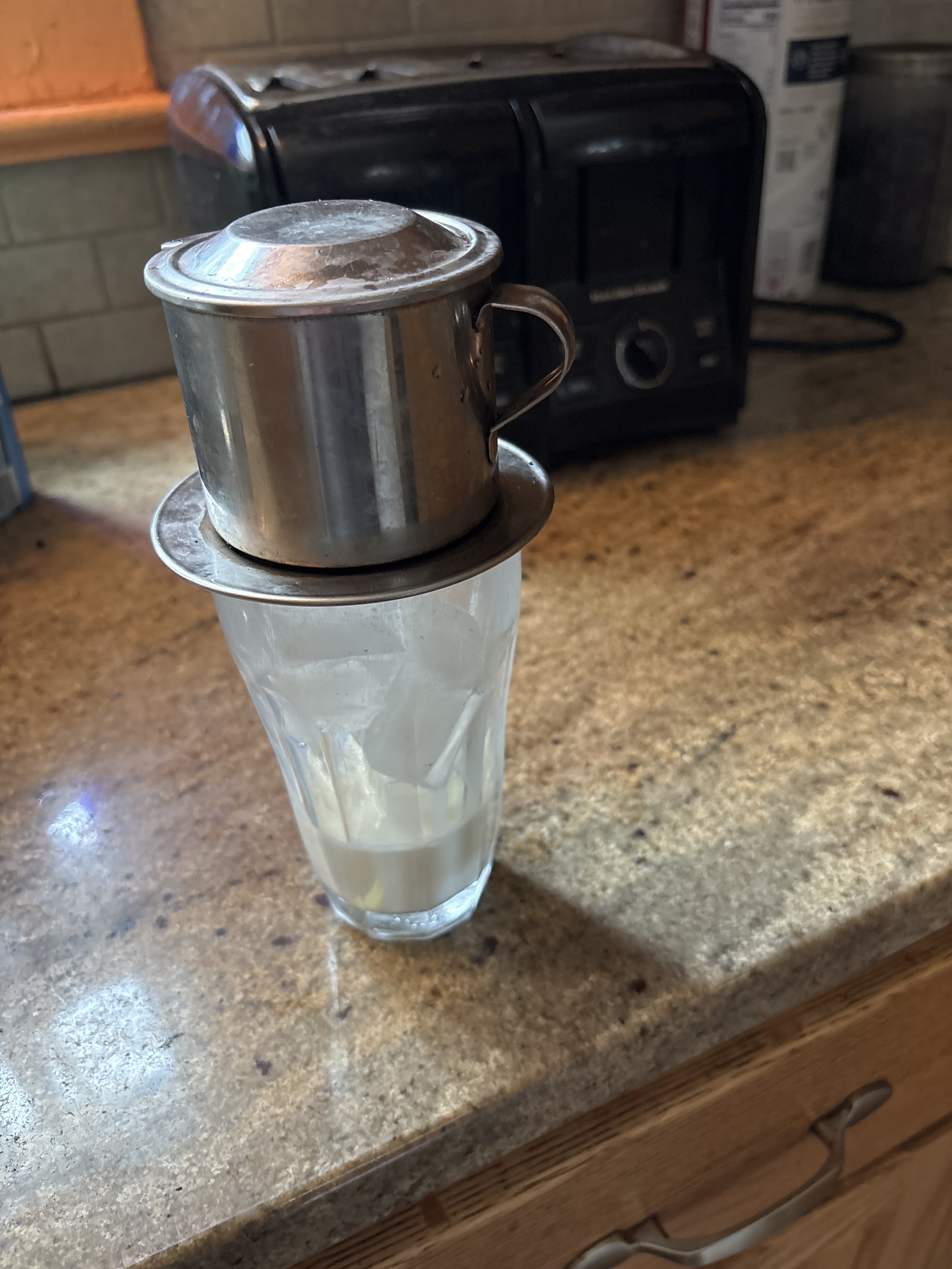 Vietnamese-style drip coffee being made