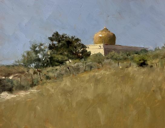 Allaprima Oilpainting painted from life of a temple on a hill. The building has a peculiar yellow dome and there are bushes and grasslands throughout.

30x24 cm oil on panel. Painted in 4 hours