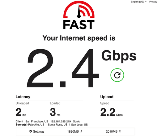 Speed test showing a speed of 2.4 Gbps